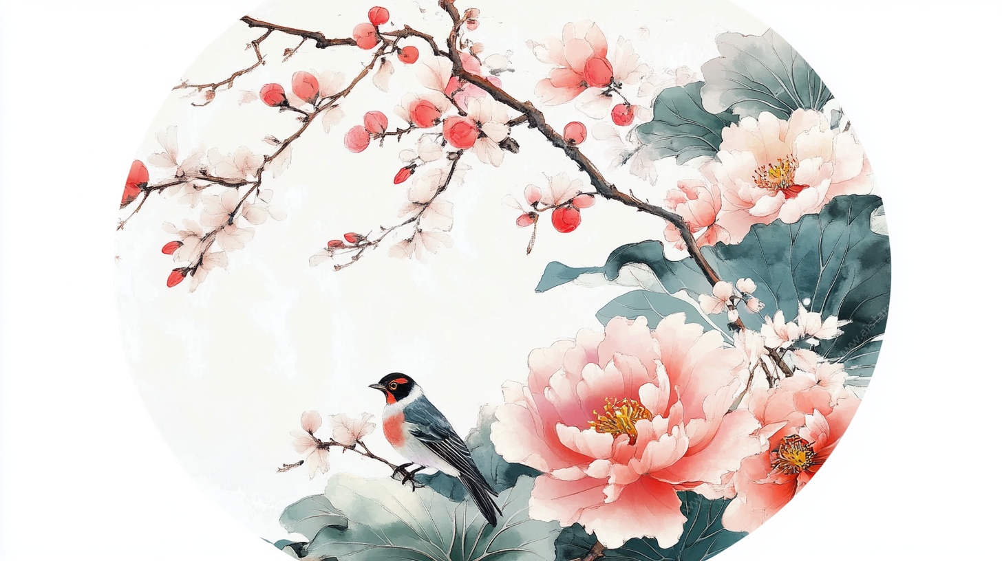 花鸟圆形水墨画