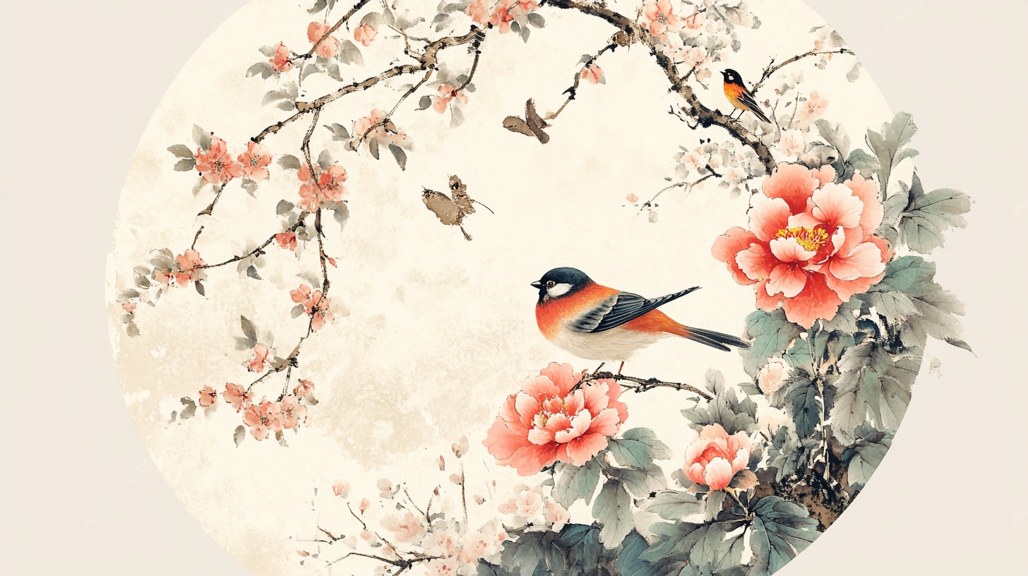 花鸟圆形水墨画