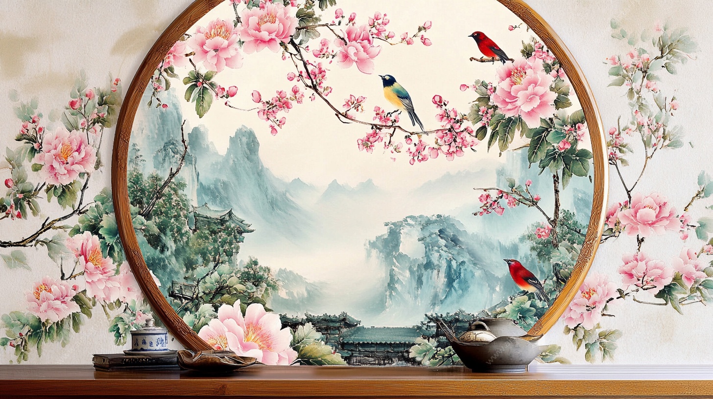 中式花鸟圆形壁画装饰图