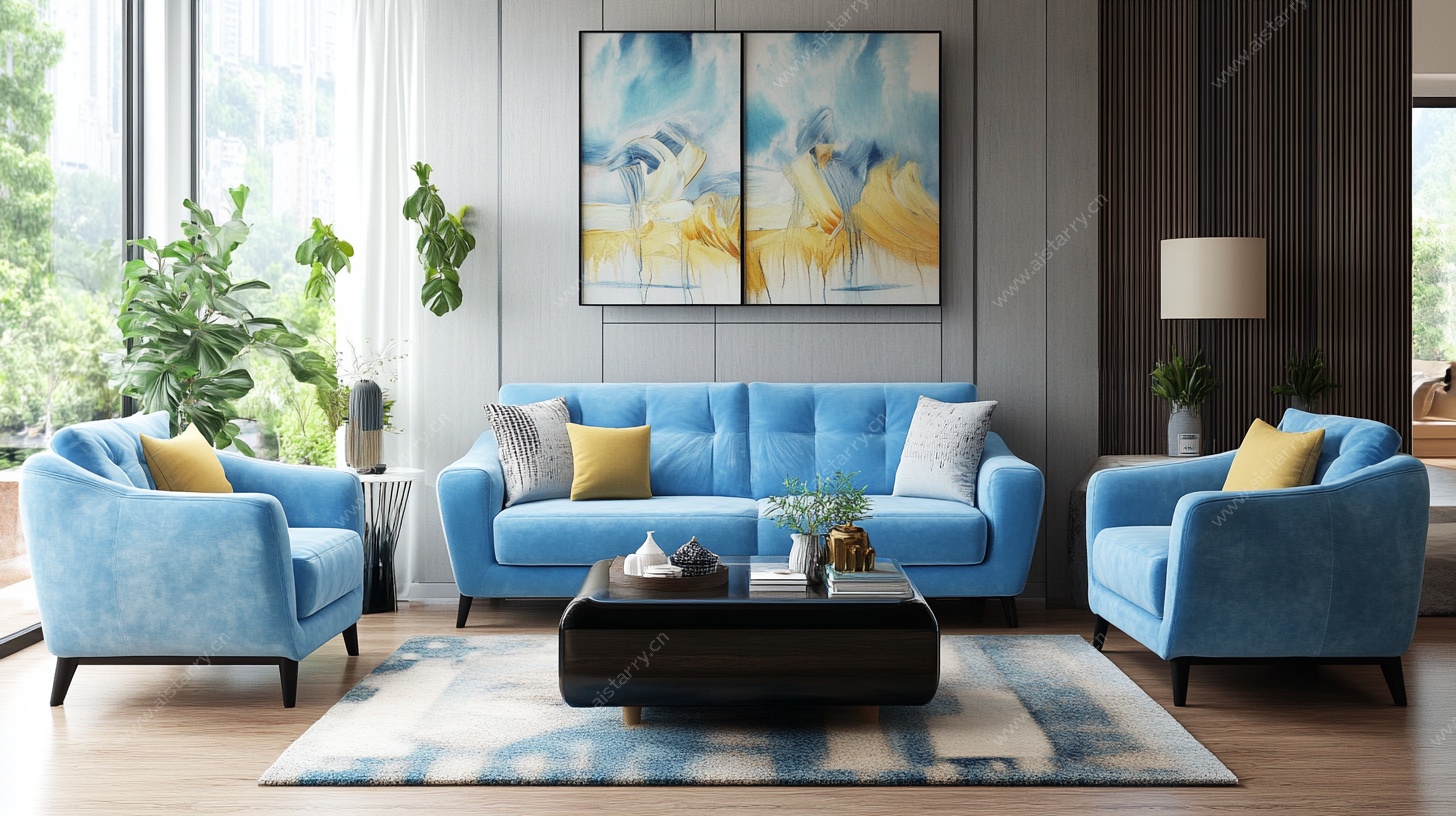 蓝色系现代简约风客厅