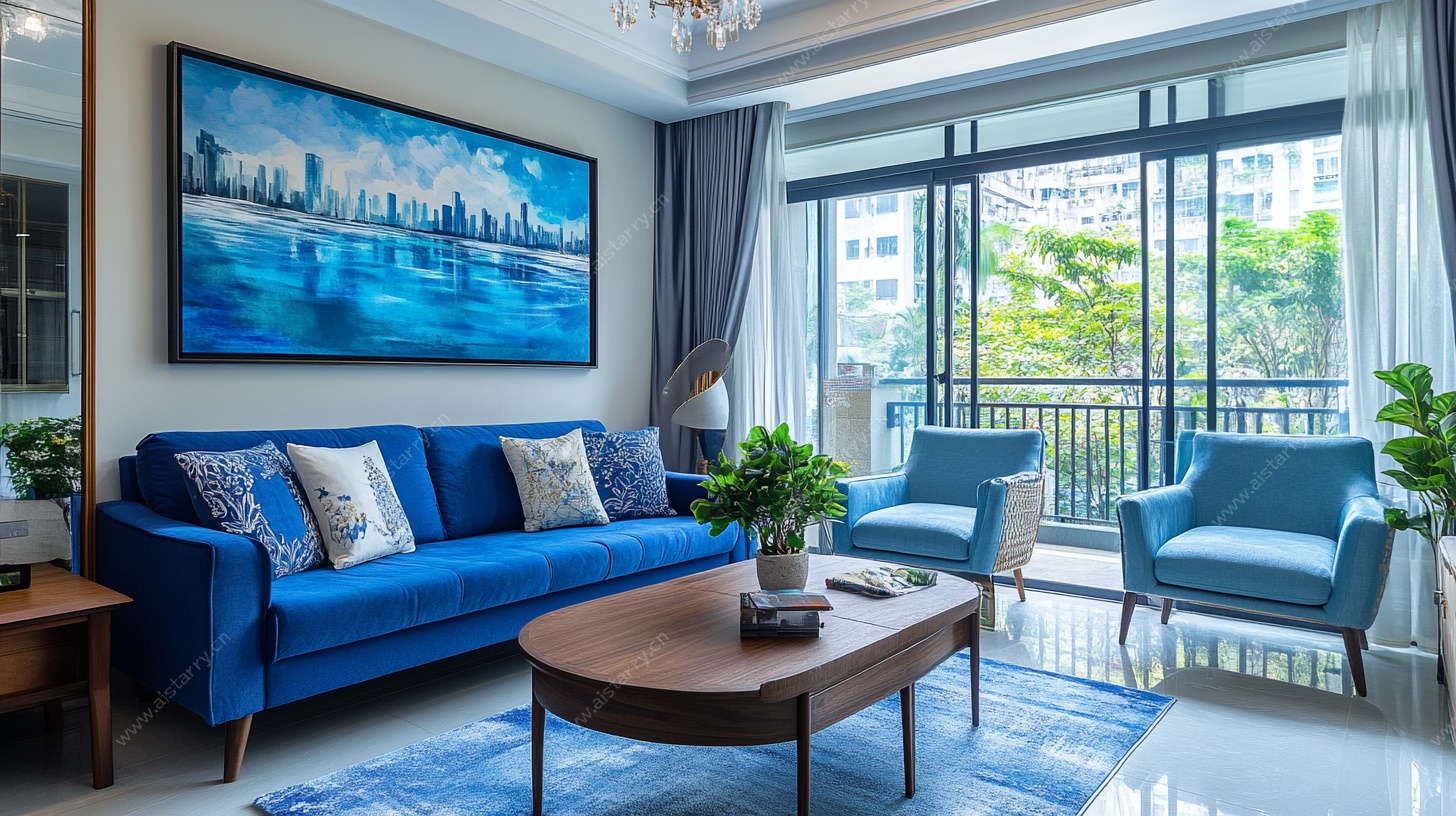 蓝色系现代风舒适客厅一角