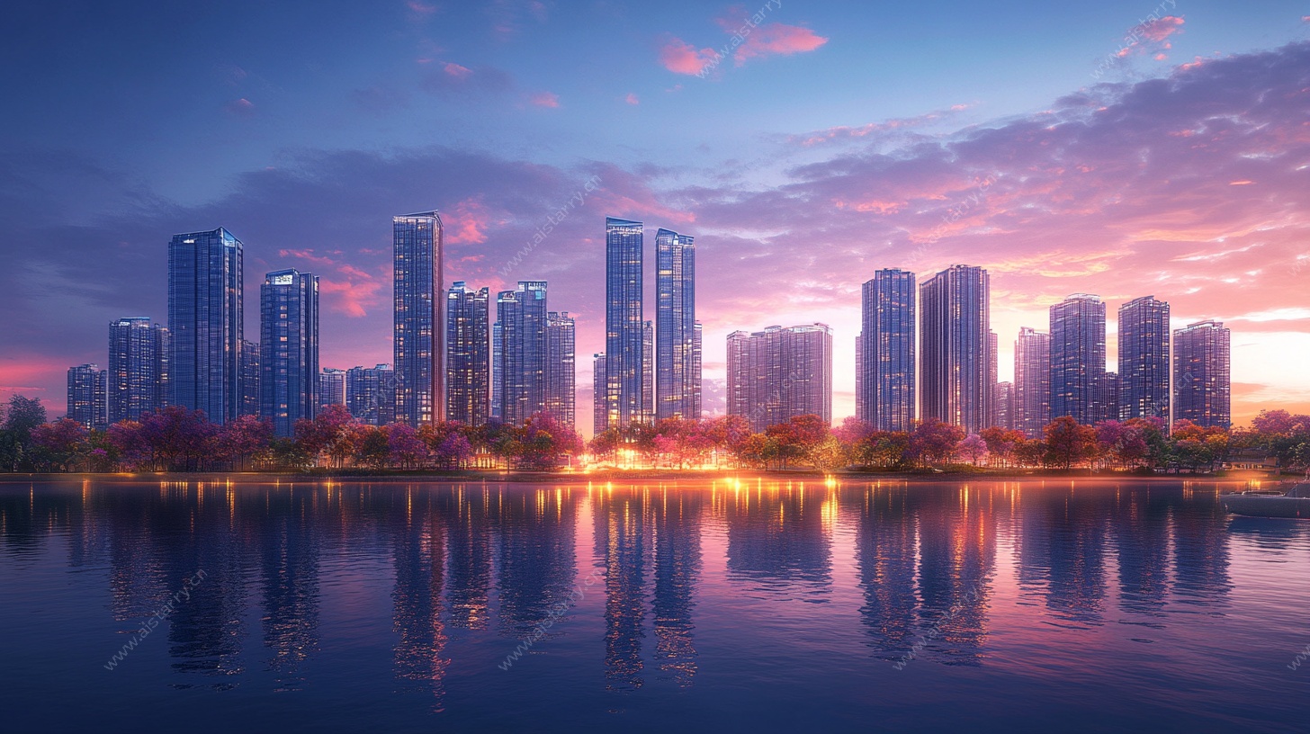 湖畔城市黄昏美景