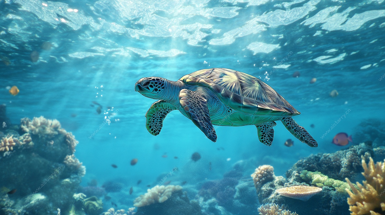 海龟畅游于绚烂海底世界