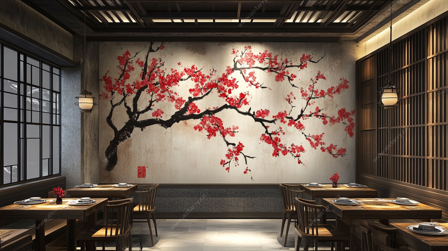 中式餐厅红梅壁画室内景