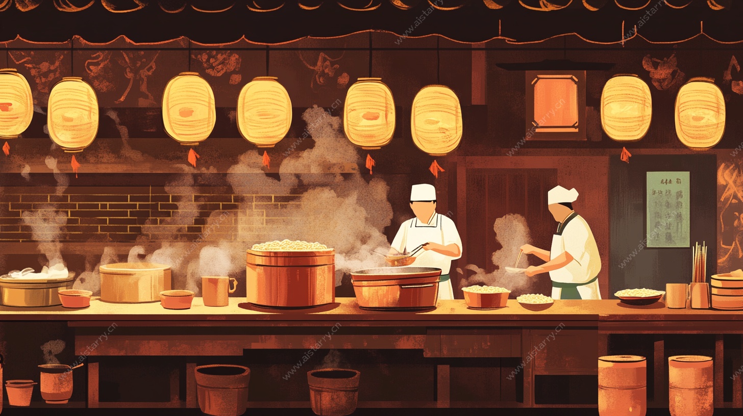 中式厨房烹饪场景插画