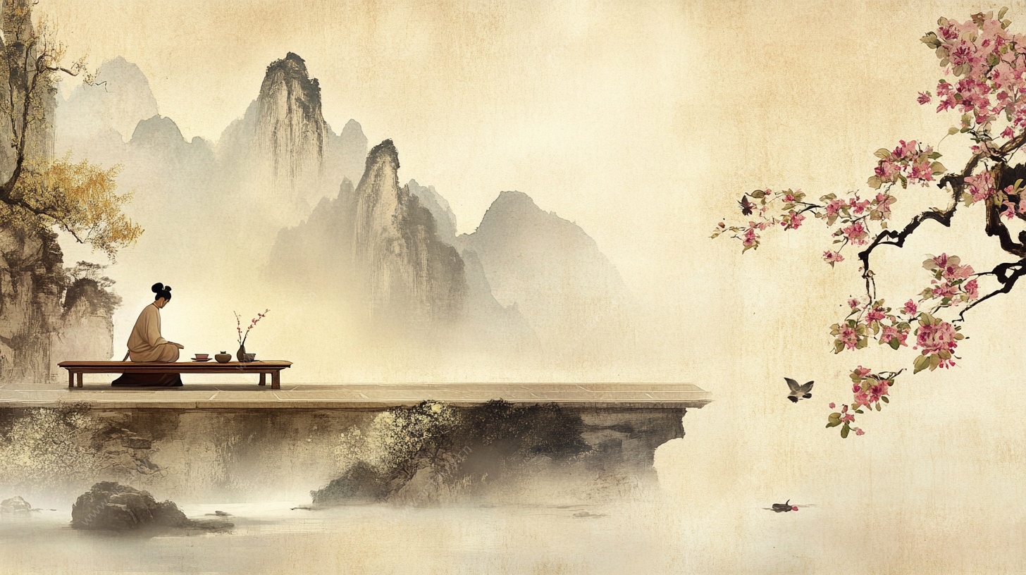古人山水间独坐品茶图