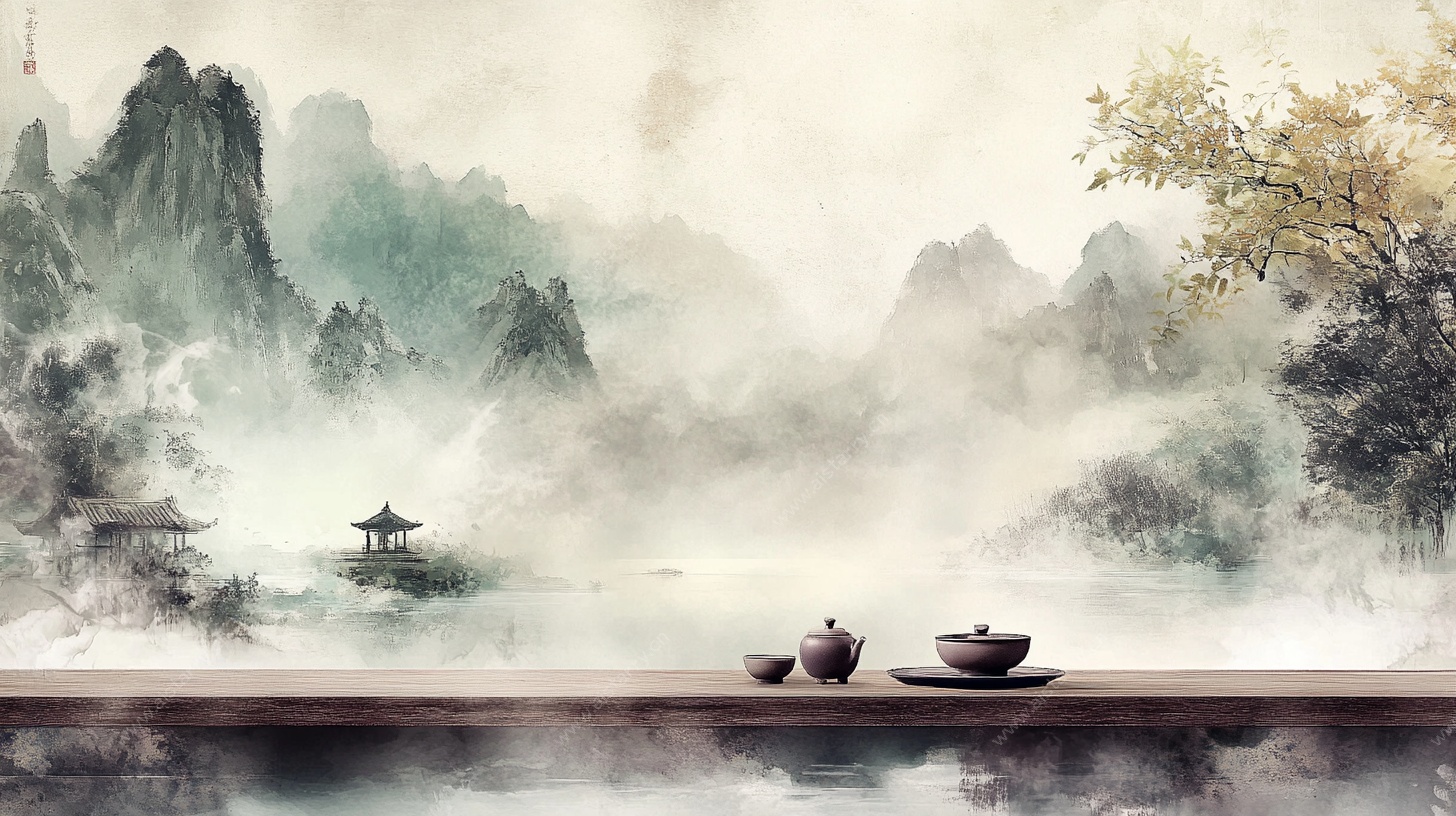中式山水茶境意境图