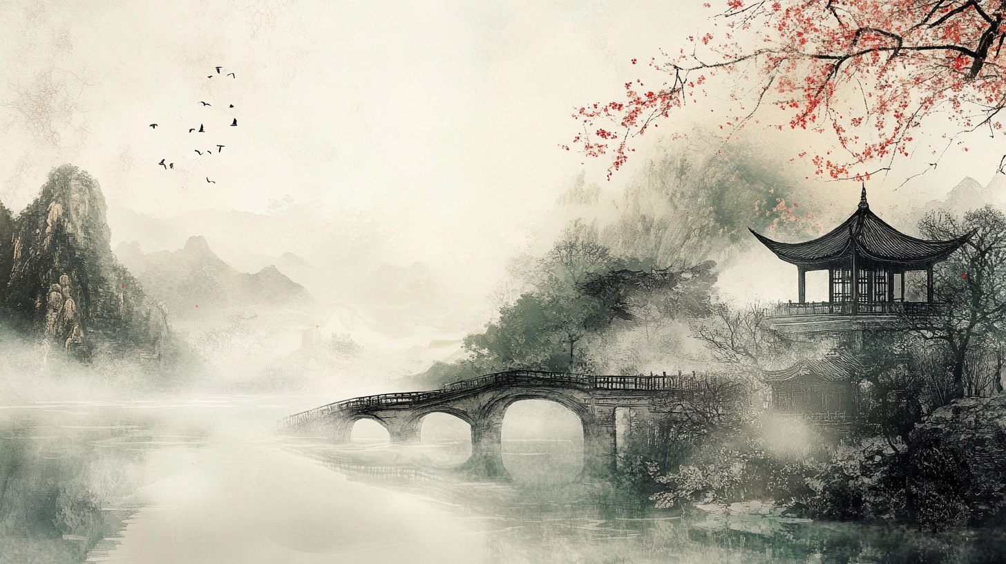 水墨山水亭桥图