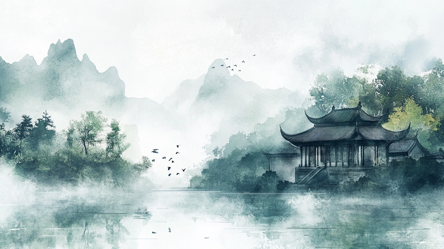 水墨山水间的古韵楼阁