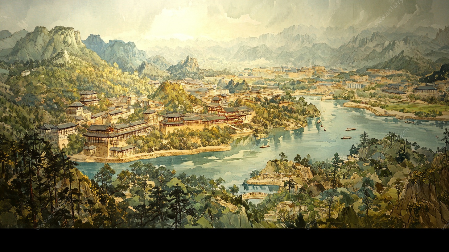 古风山水间的繁华城镇