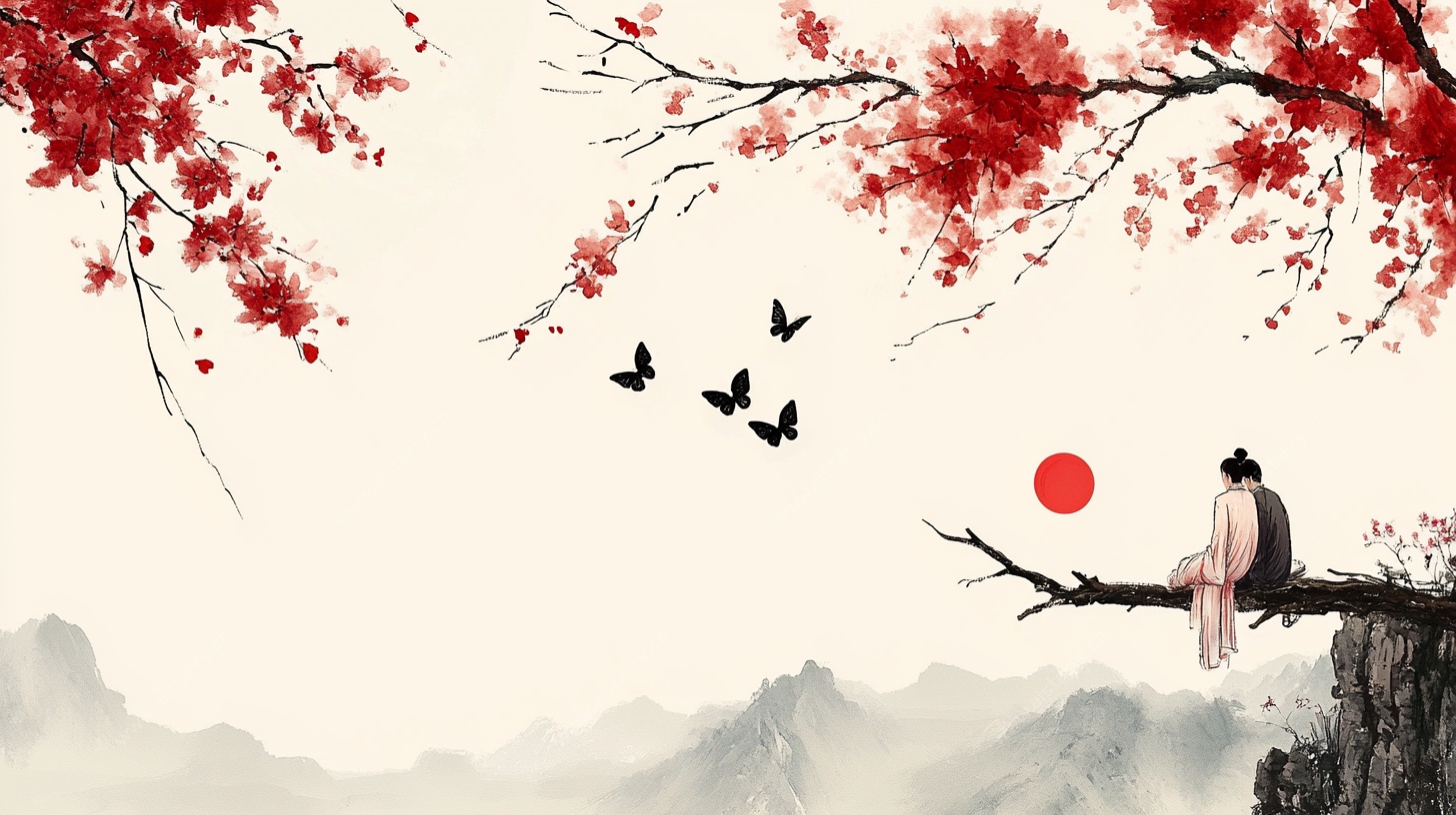 红衣佳人坐崖赏景图