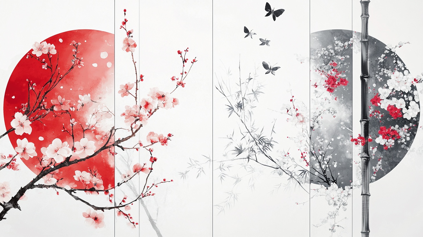 中式水墨梅花屏风图