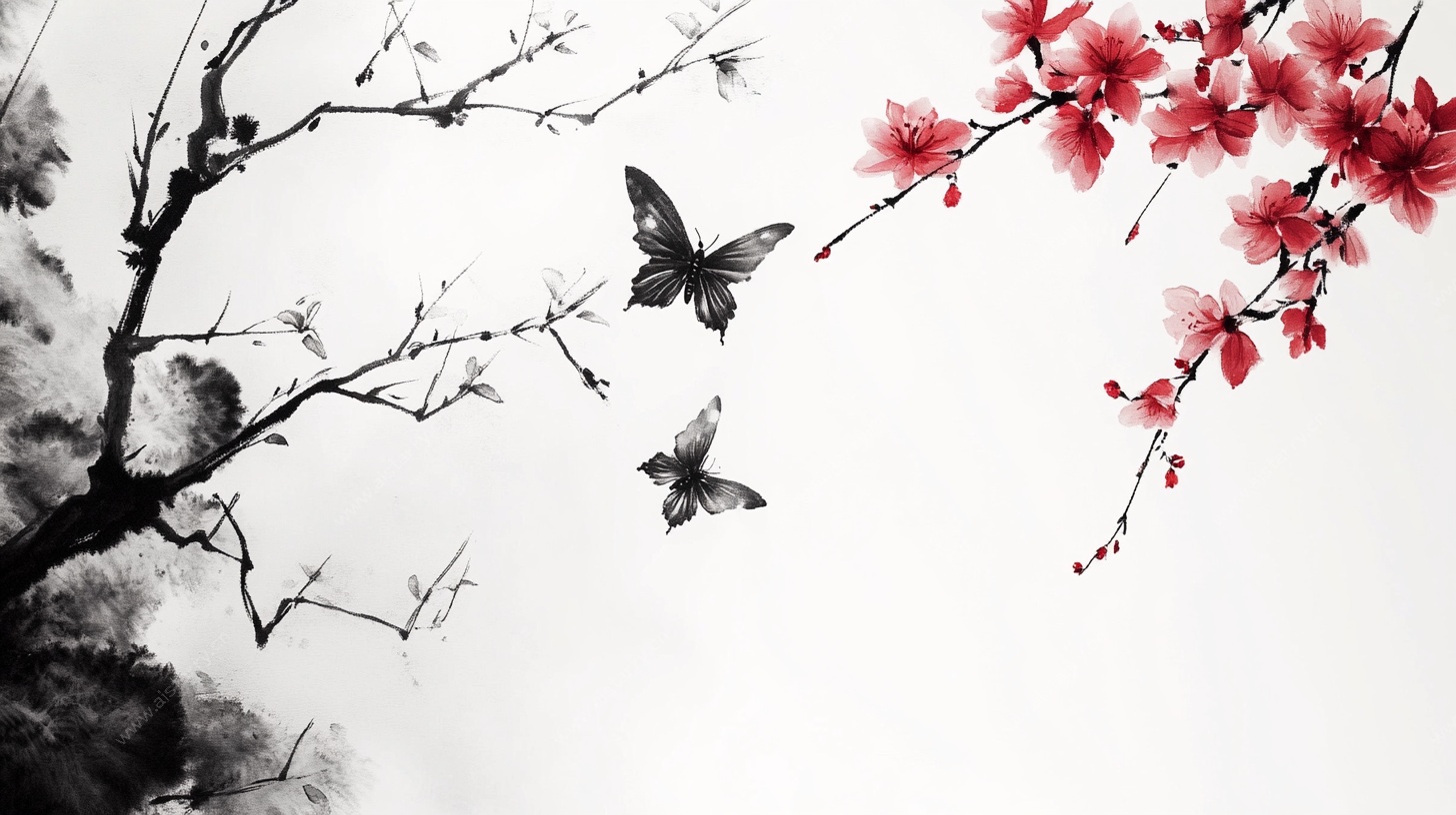 水墨桃花双蝶图