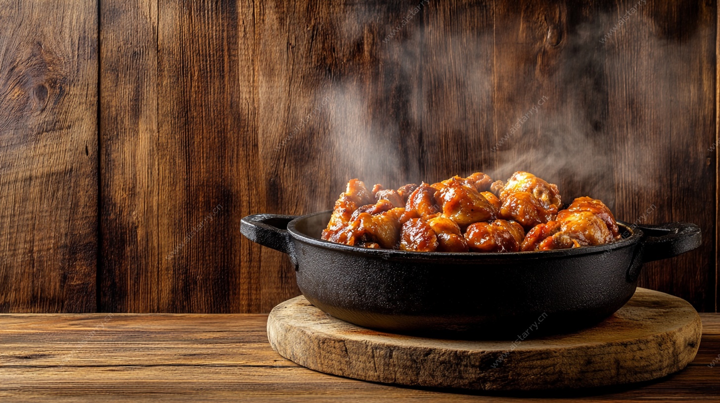 铸铁锅中热气腾腾的美味烤肉