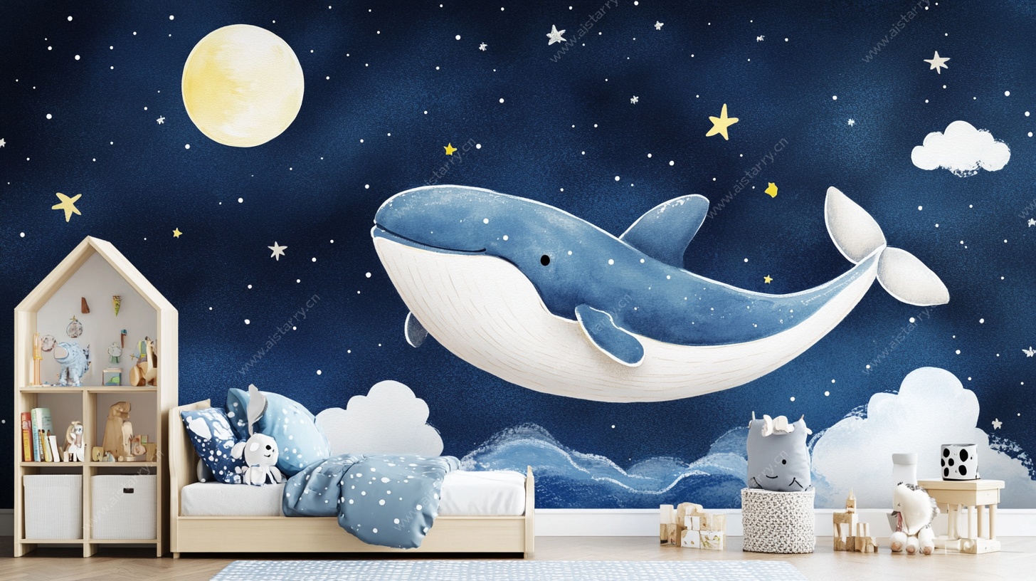 梦幻星空鲸鱼儿童房背景墙