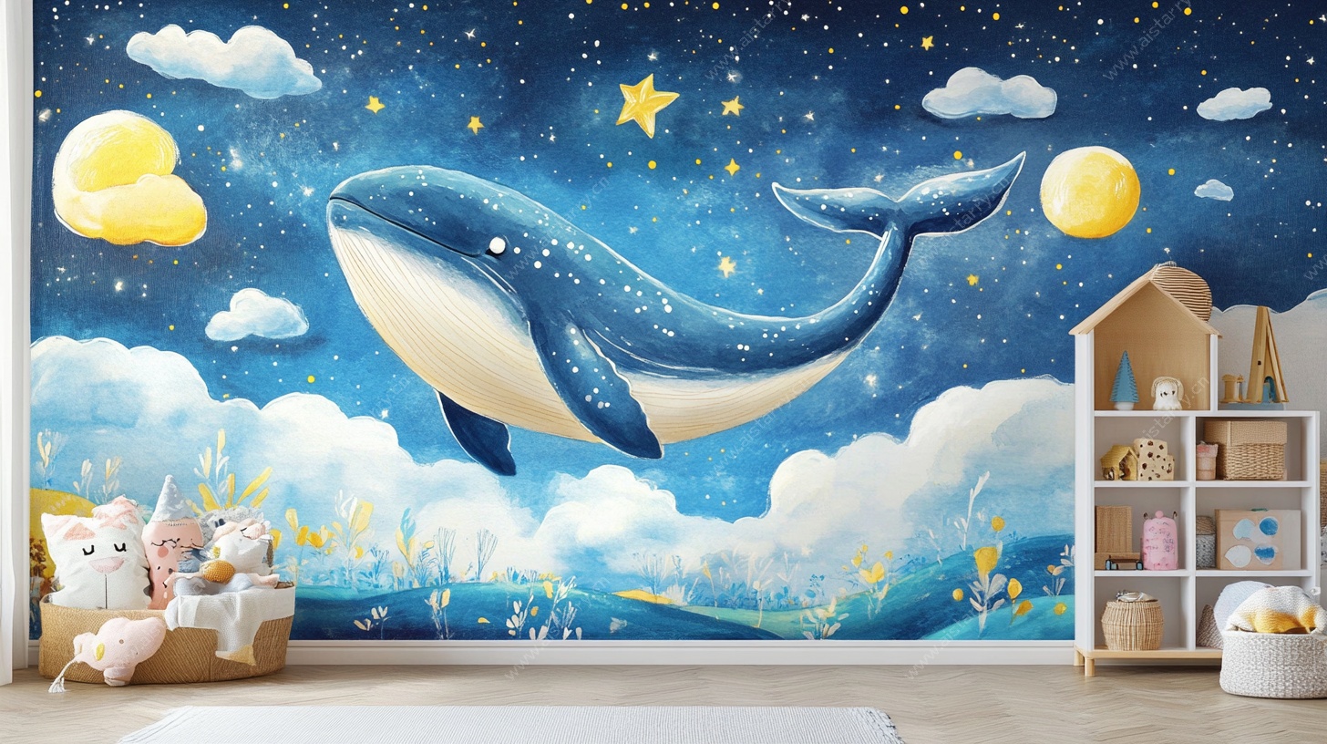 梦幻鲸鱼星空儿童房背景墙