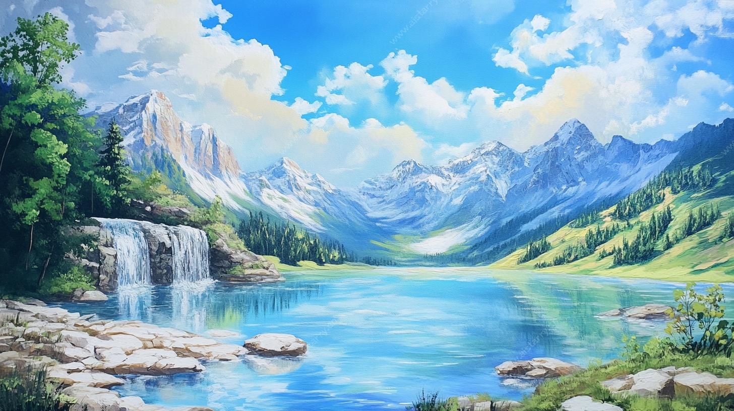 美丽山间湖泊瀑布风景画