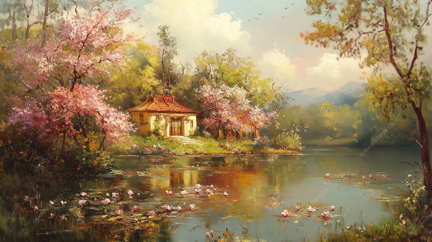 湖畔春日小屋油画风景