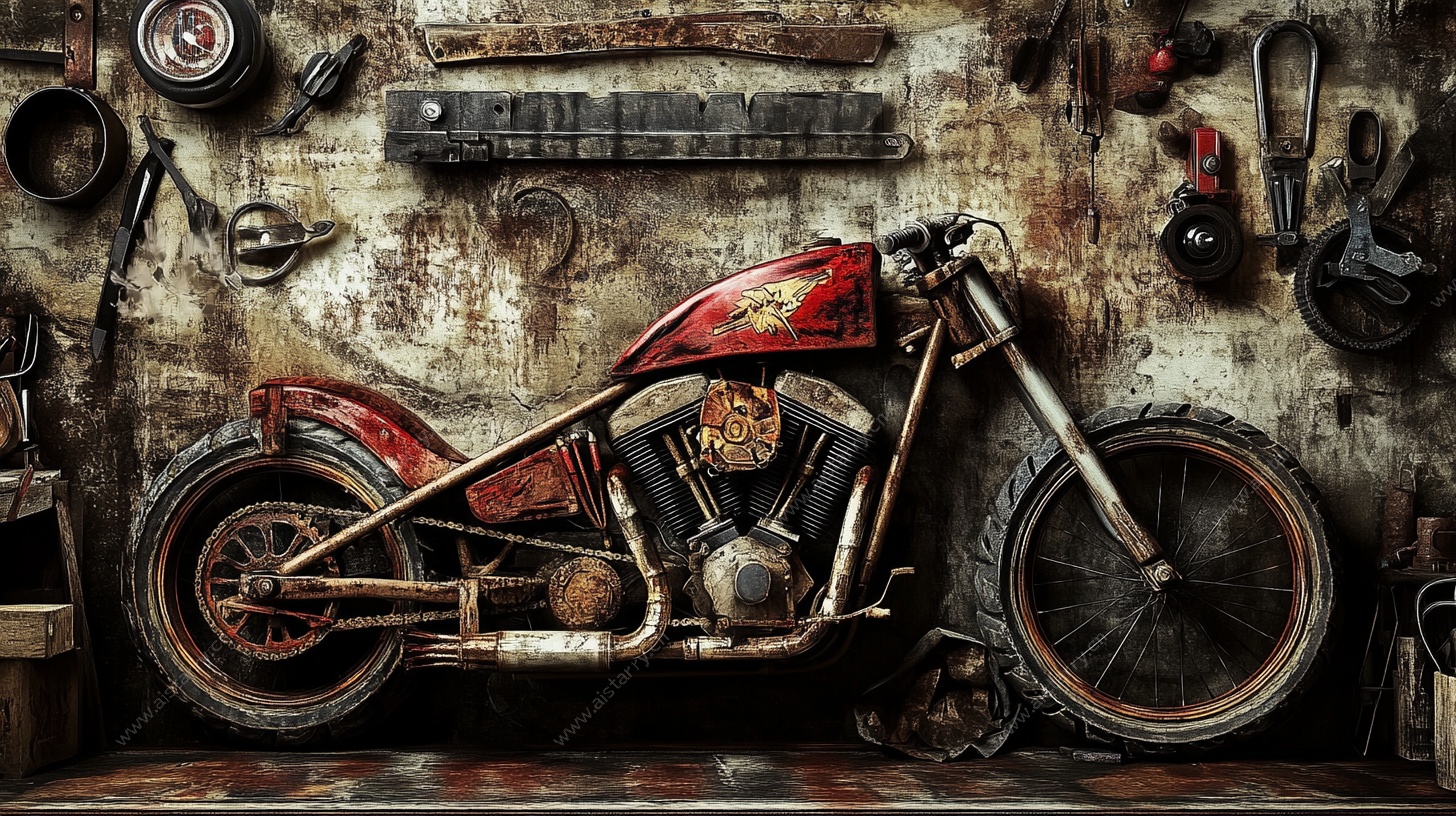 复古风旧摩托车的车间场景