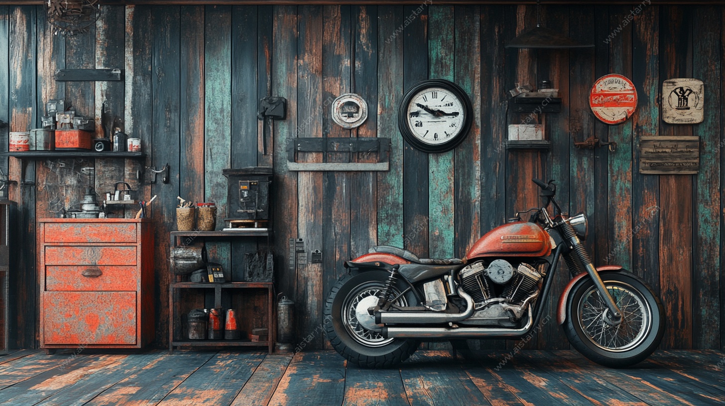 复古车库中的经典摩托车