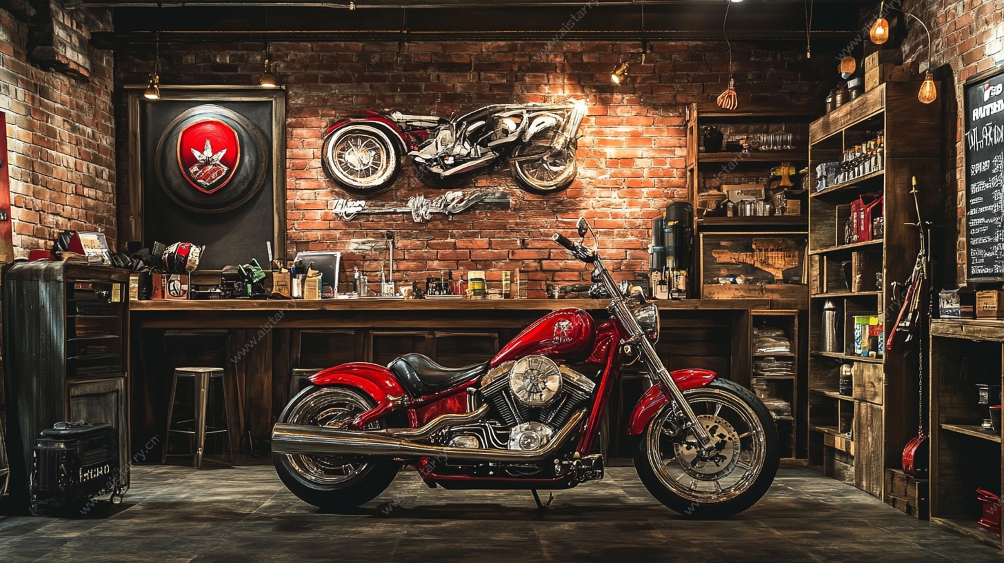 复古车库中的红色摩托车