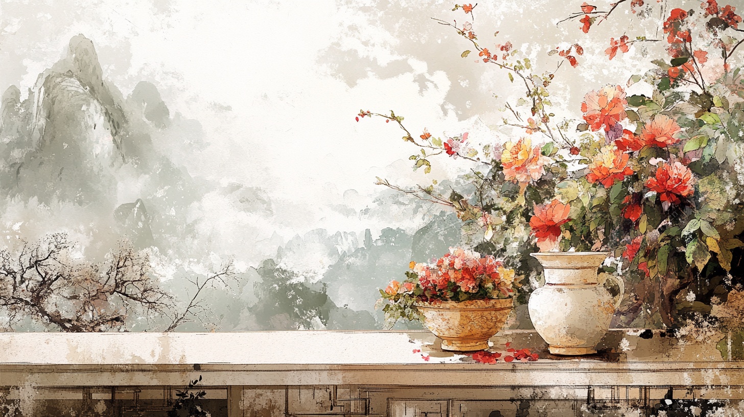 中式花卉山水窗台美景