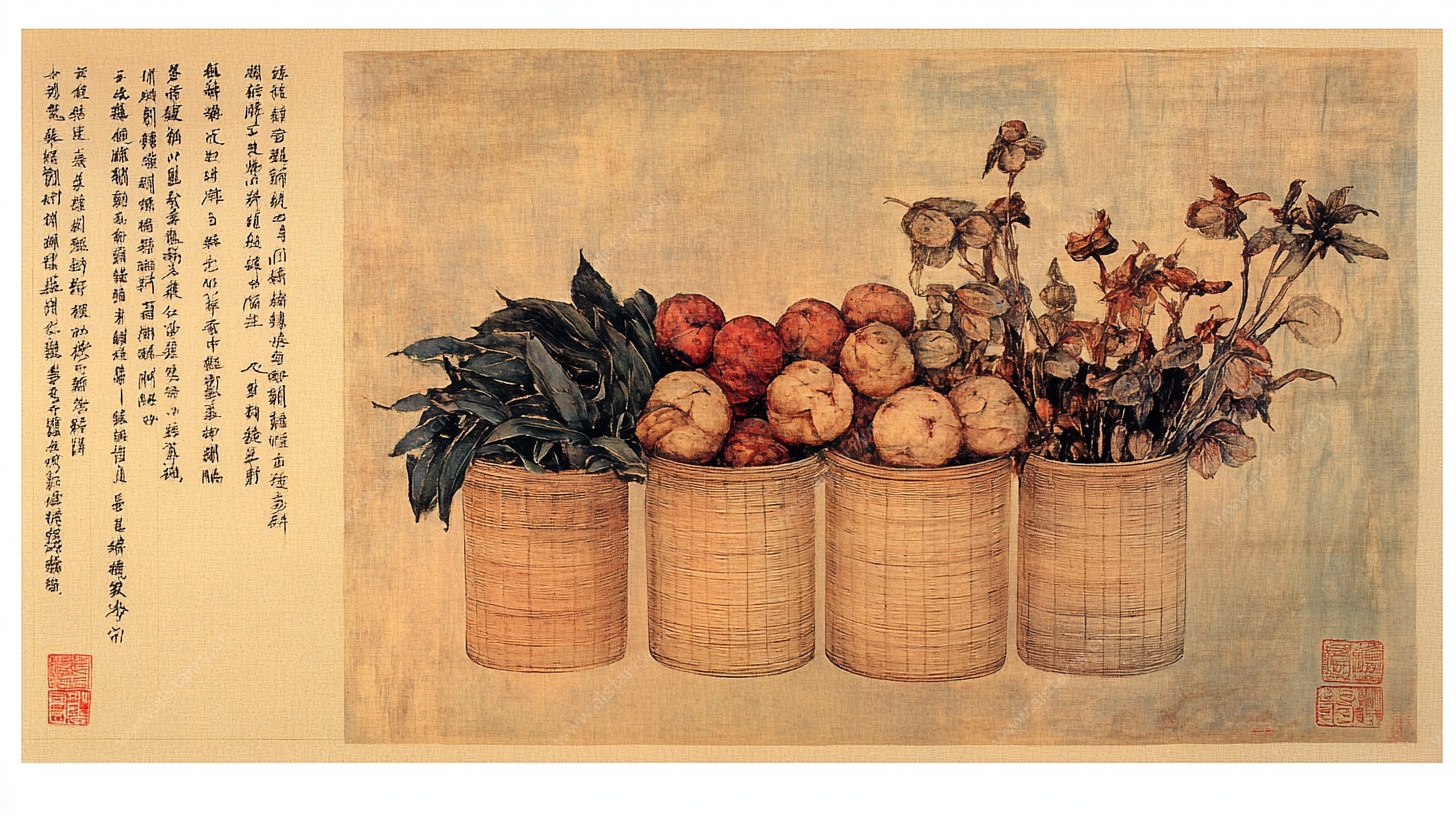 中式竹筐蔬果花卉图