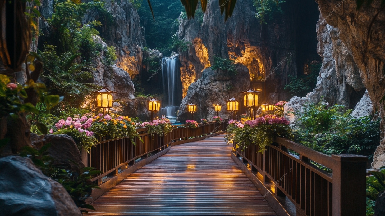 梦幻山间步道与瀑布美景