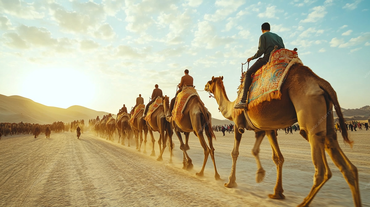 沙漠驼队漫步夕阳下