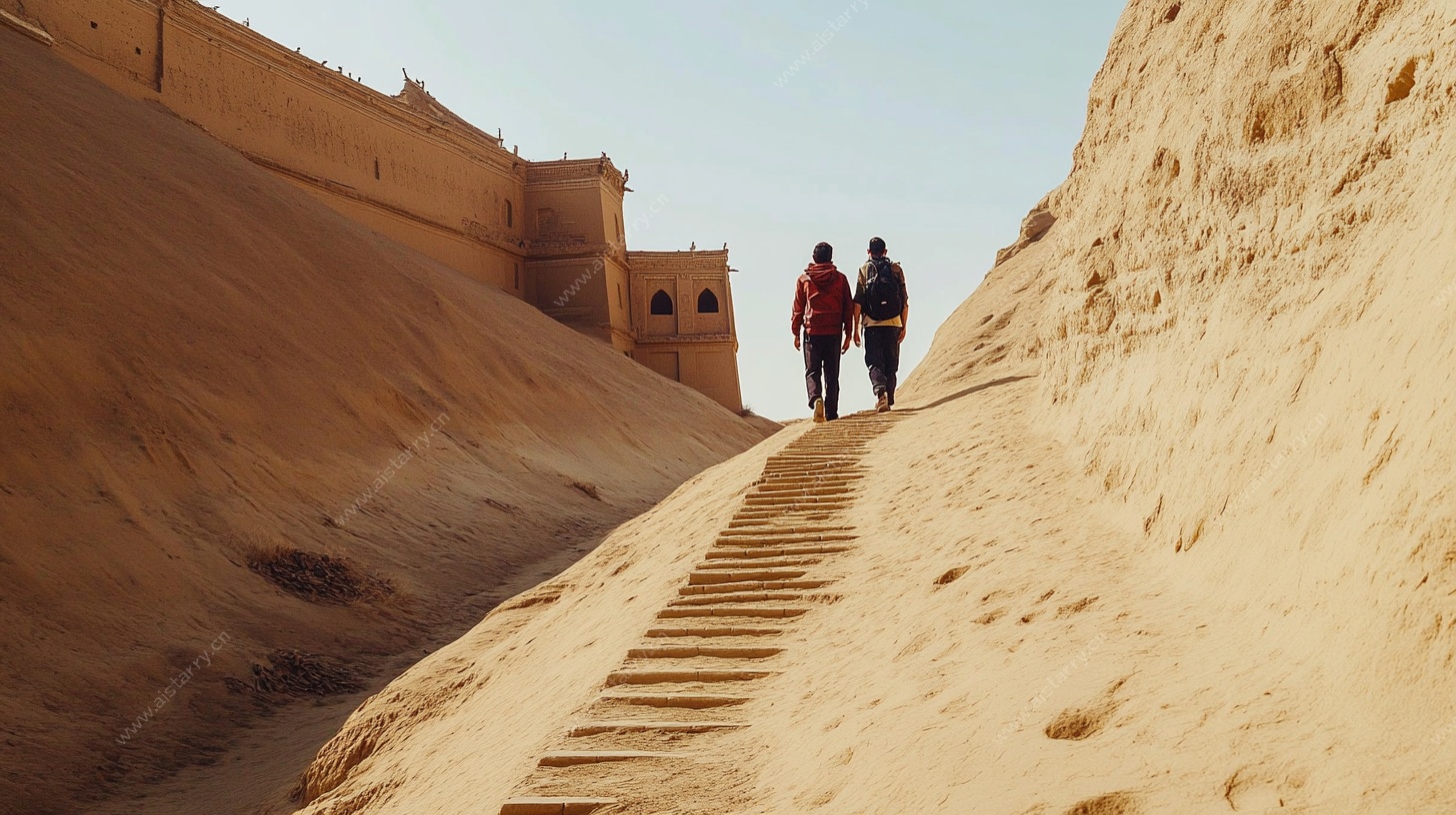 漫步沙漠阶梯上的旅人