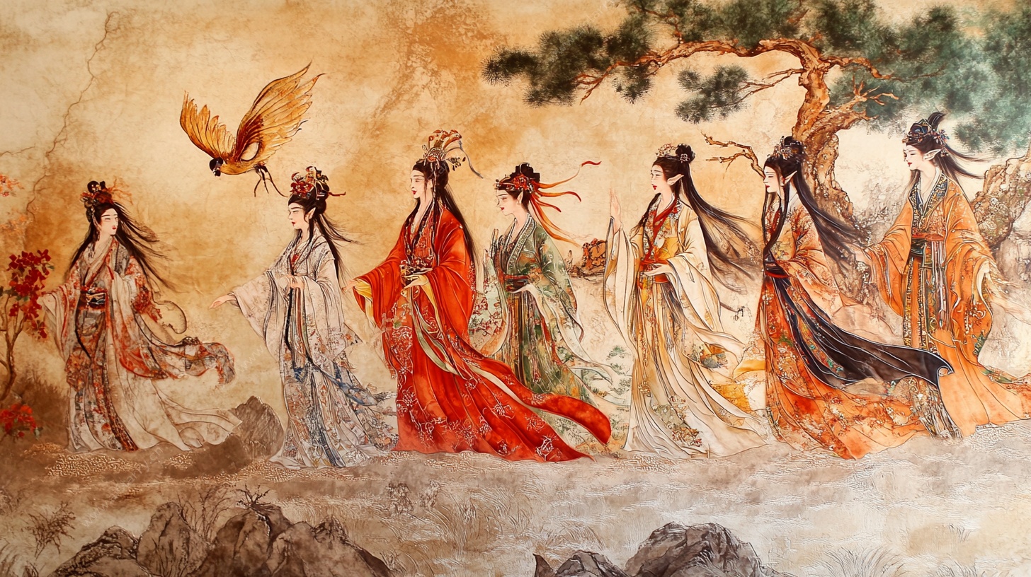 七位古装仙子漫步图