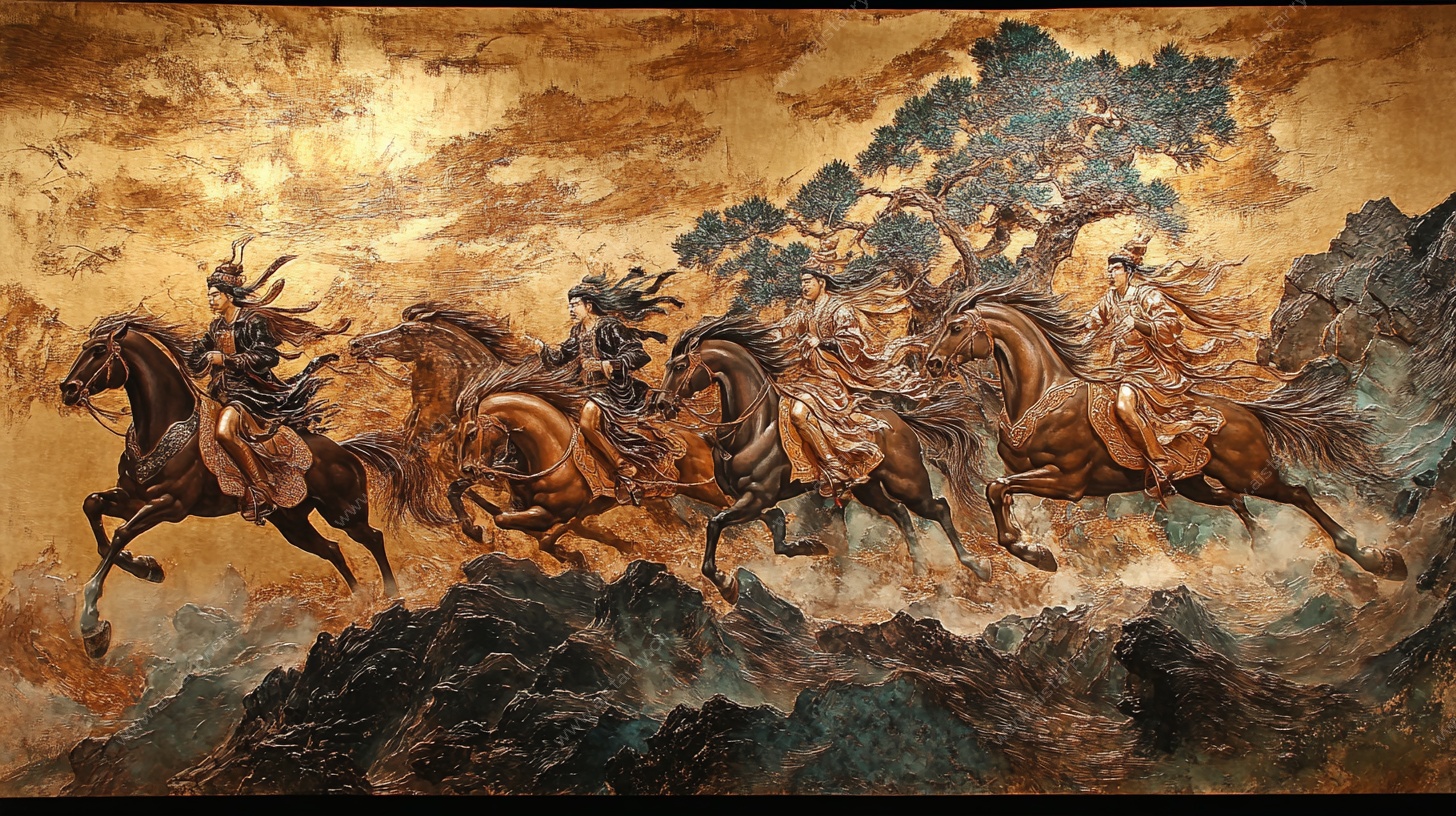 古代骑马奔腾场景油画