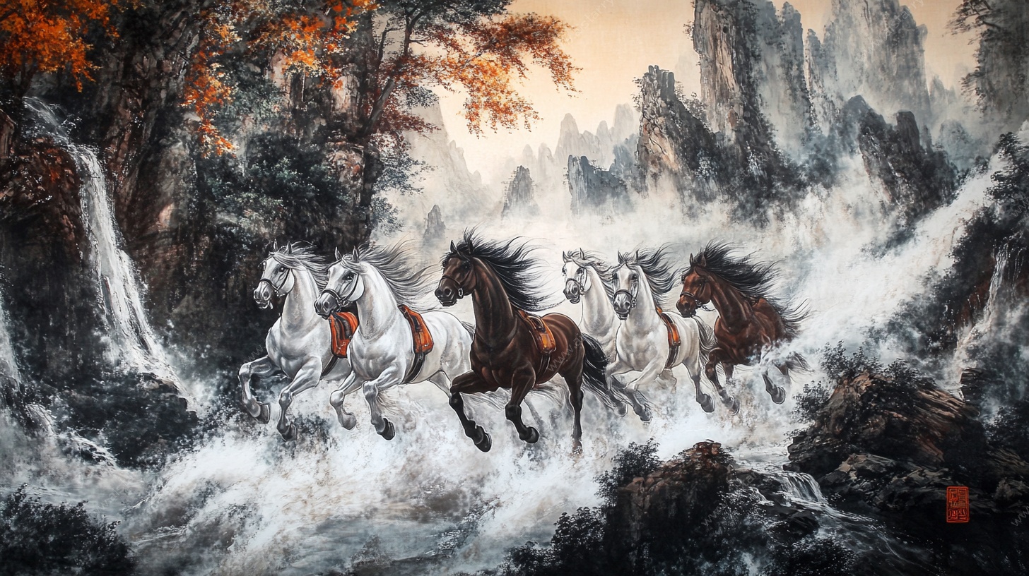 骏马奔腾于山水间