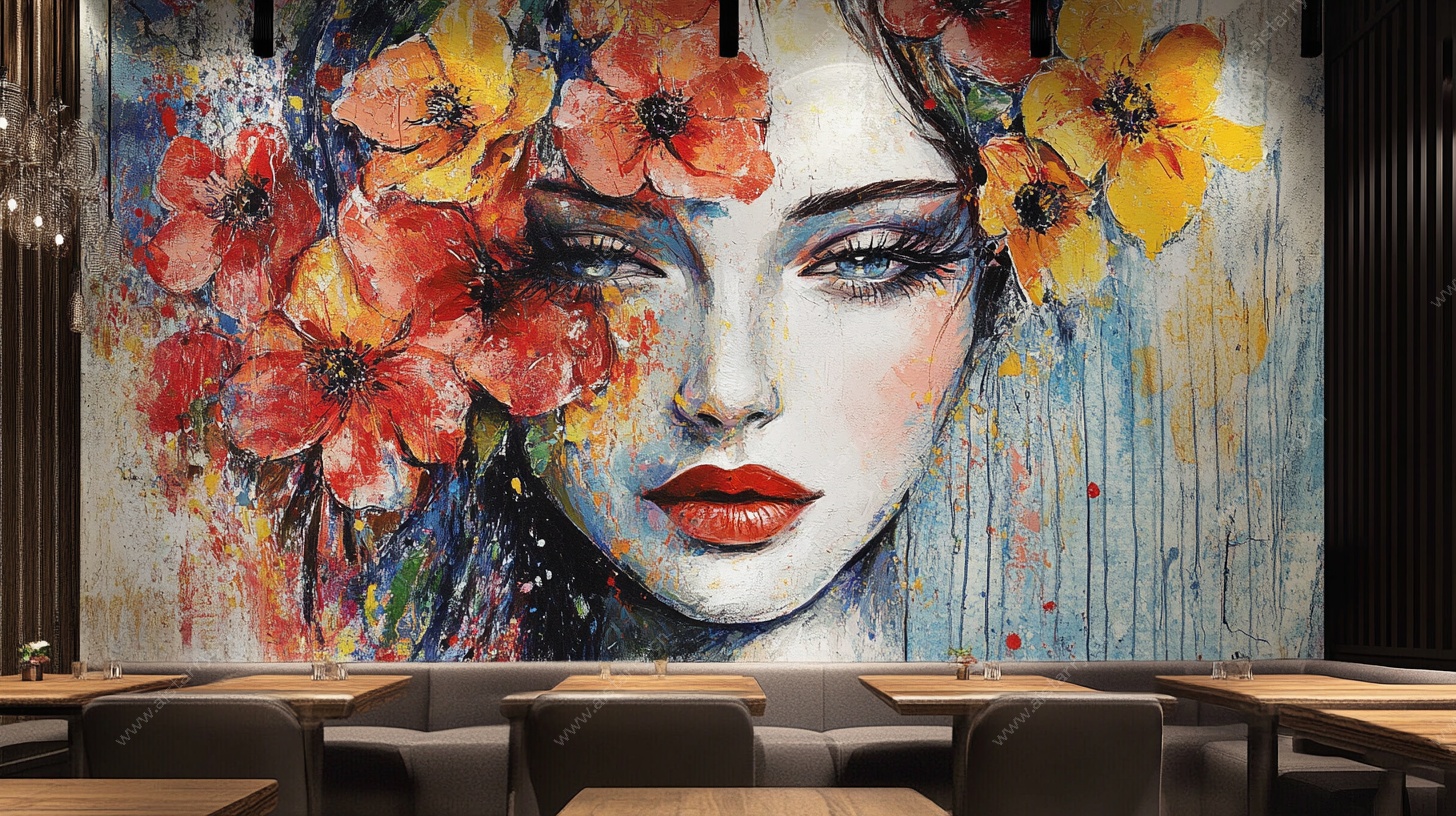 花卉美女壁画装饰餐厅墙面