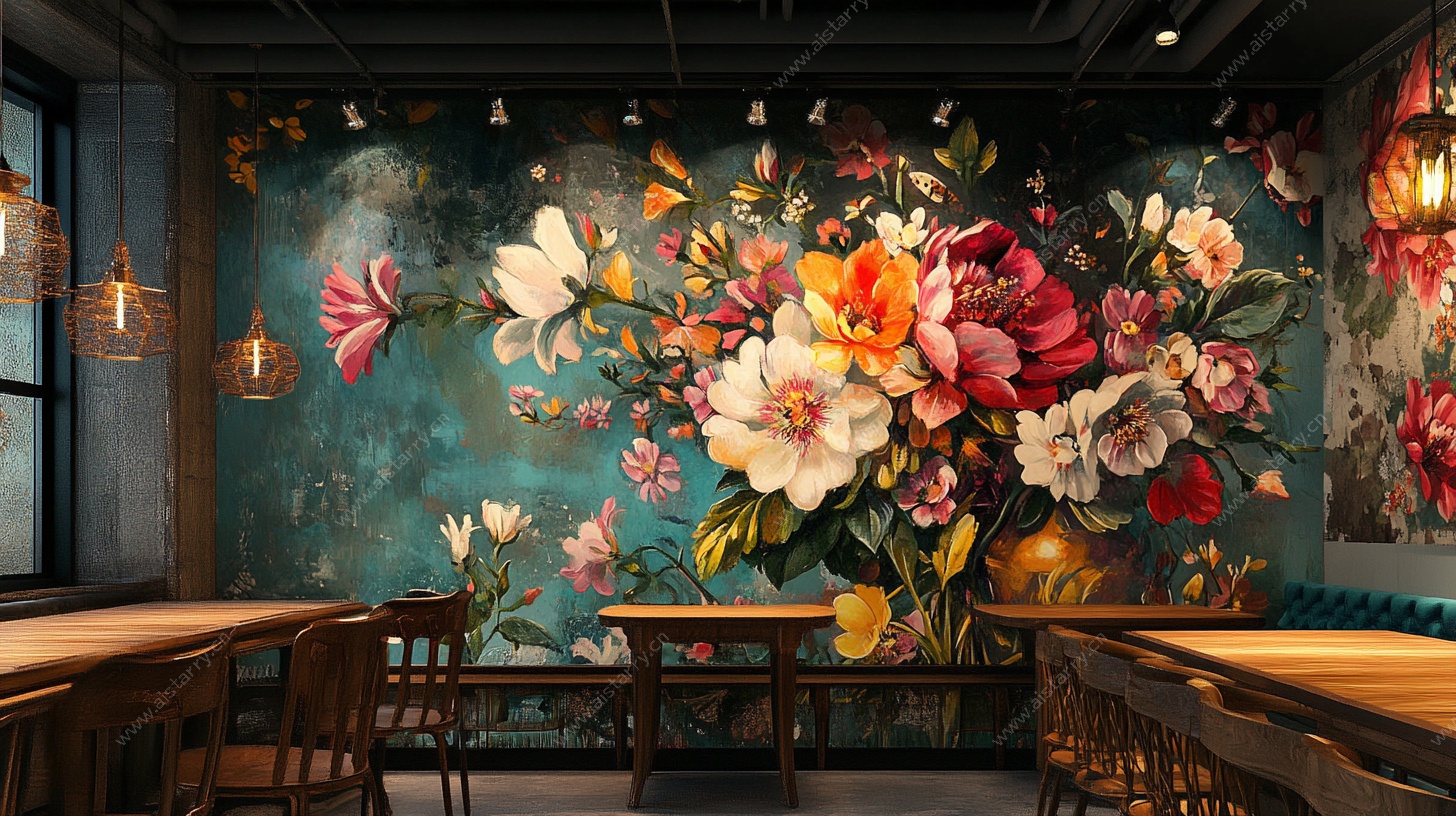 复古花卉风餐厅墙面装饰