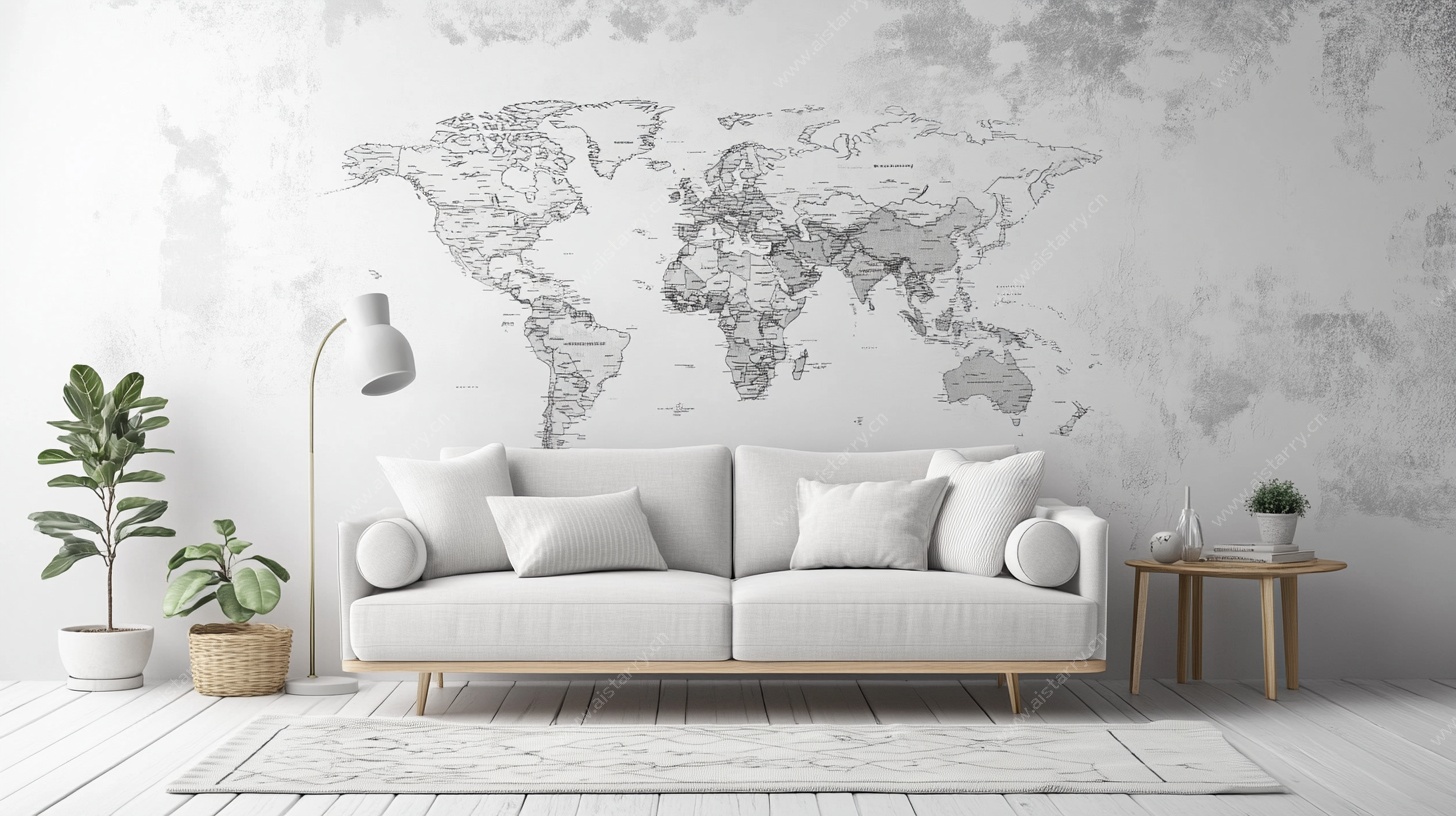 简约世界地图客厅沙发场景