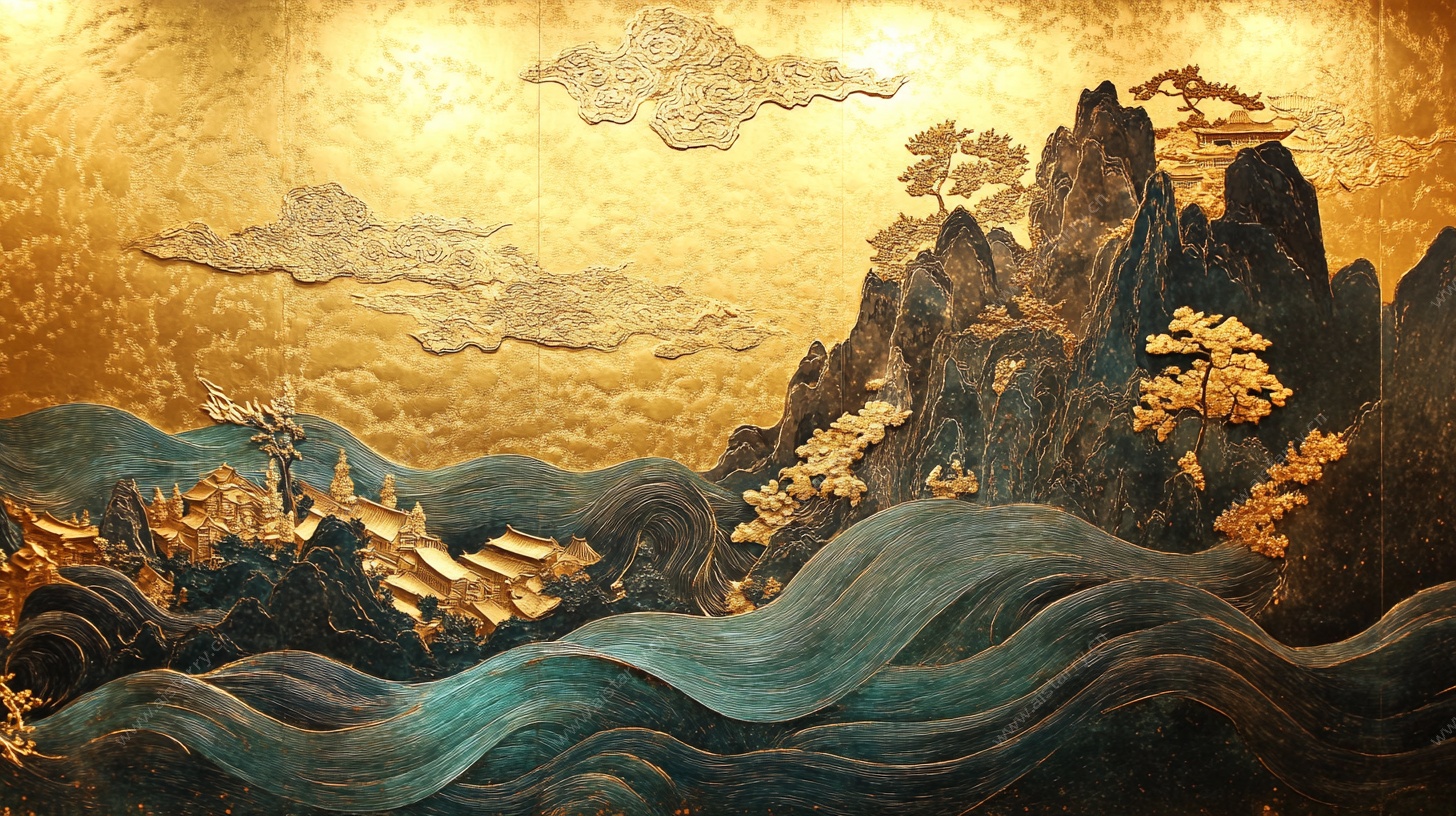 金色山水浮雕画