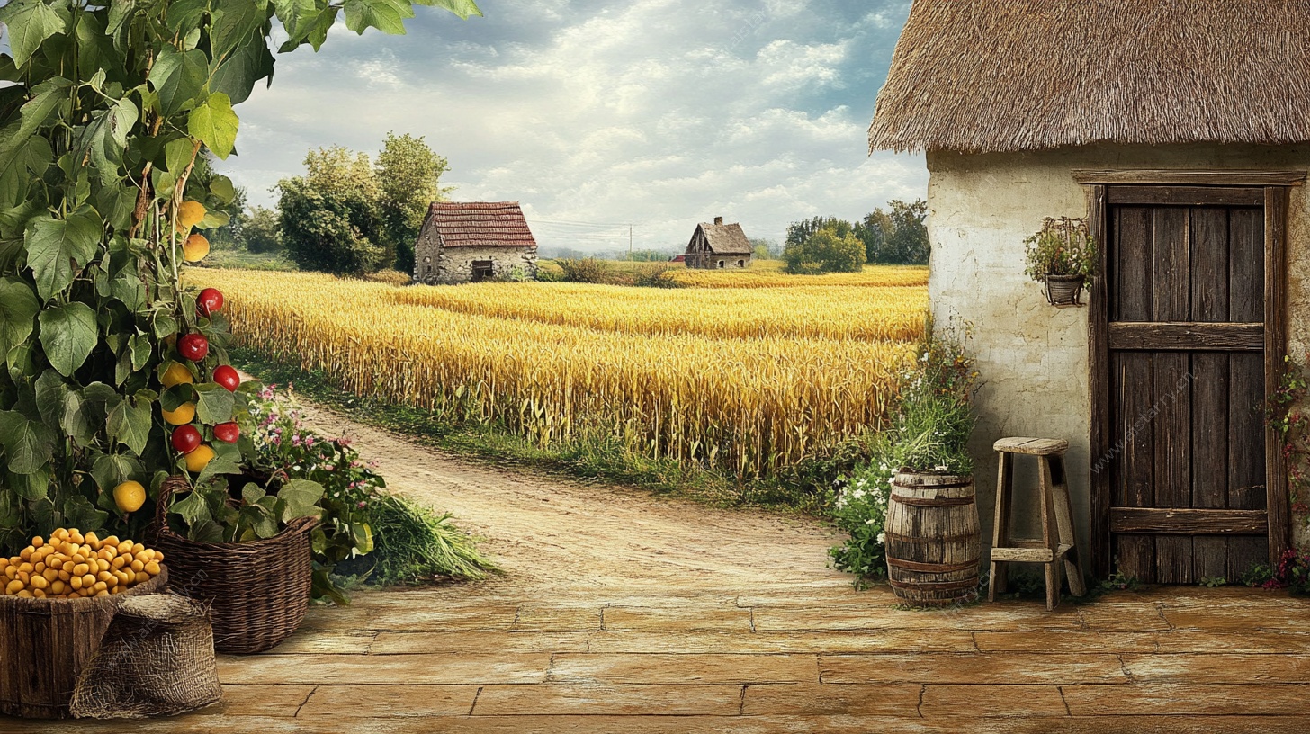 田园小屋旁的丰收景致
