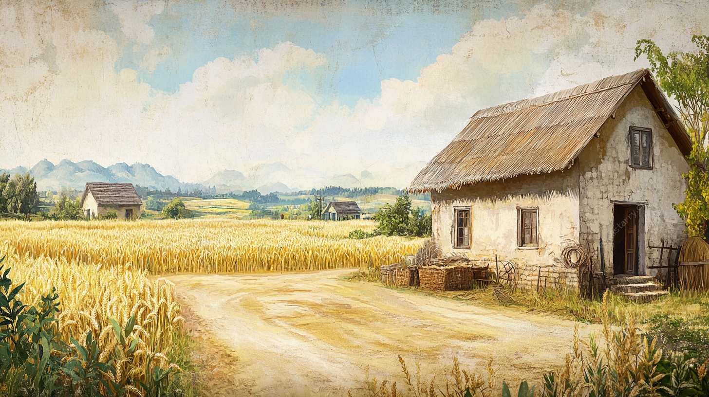 乡村田野中的古朴小屋