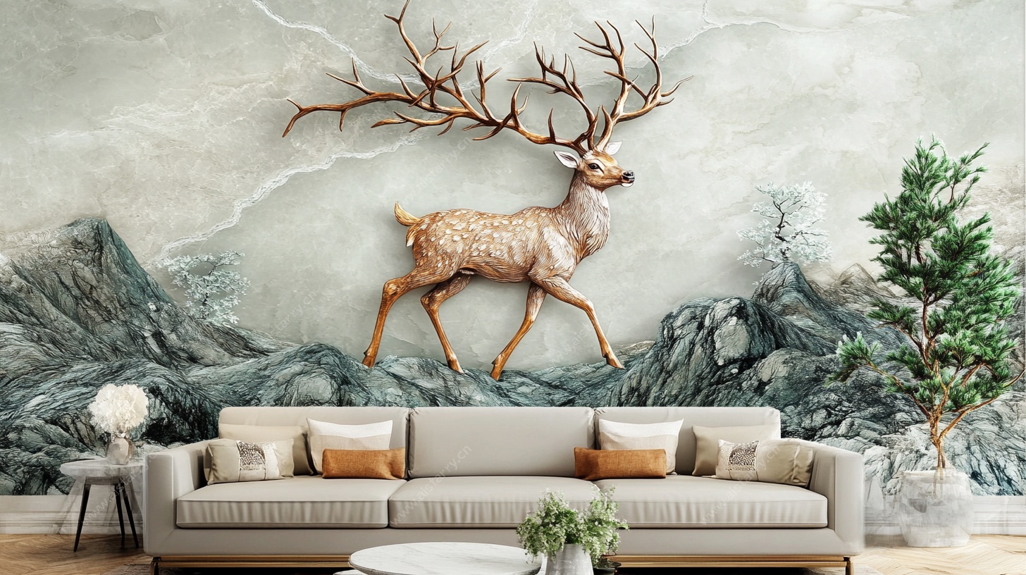 麋鹿山水风客厅背景墙