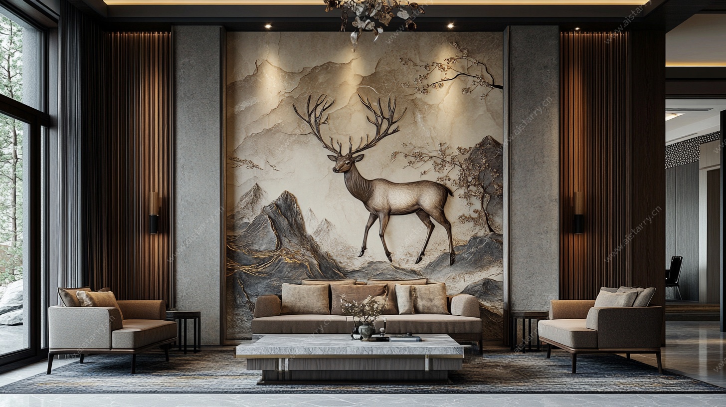 中式客厅 麋鹿壁画背景墙