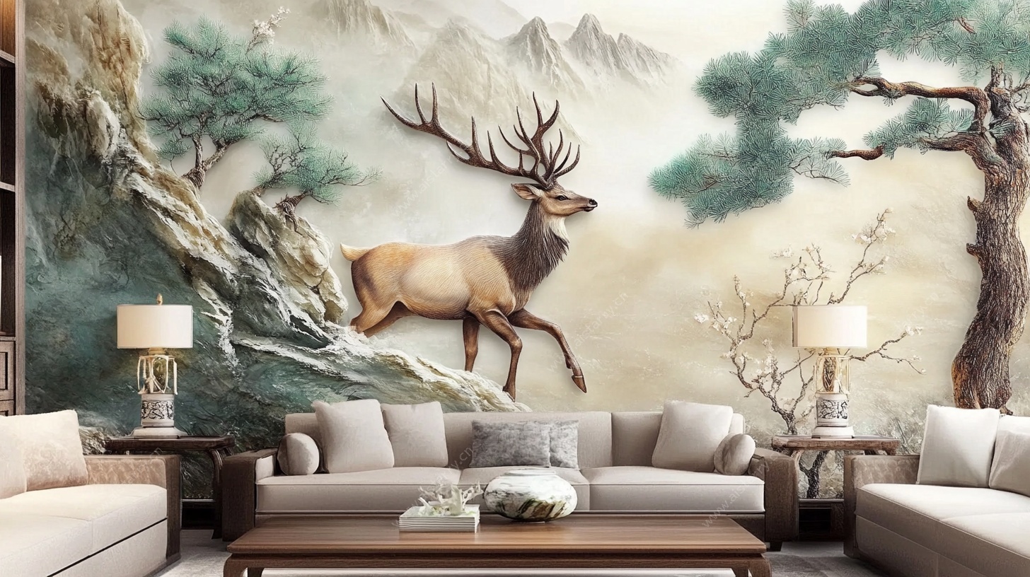 中式客厅麋鹿山水壁画