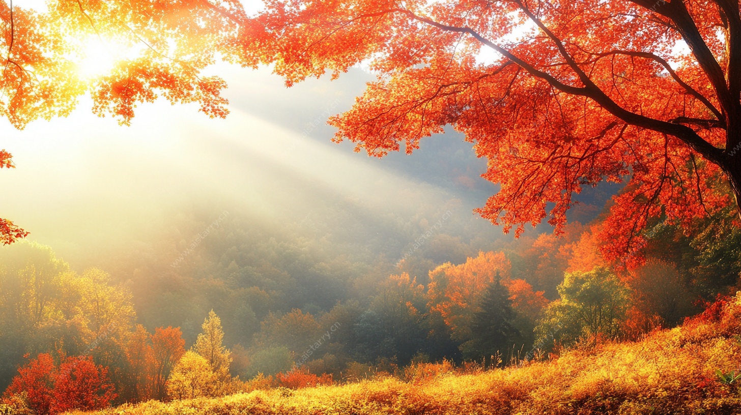 秋日枫林晨光美景