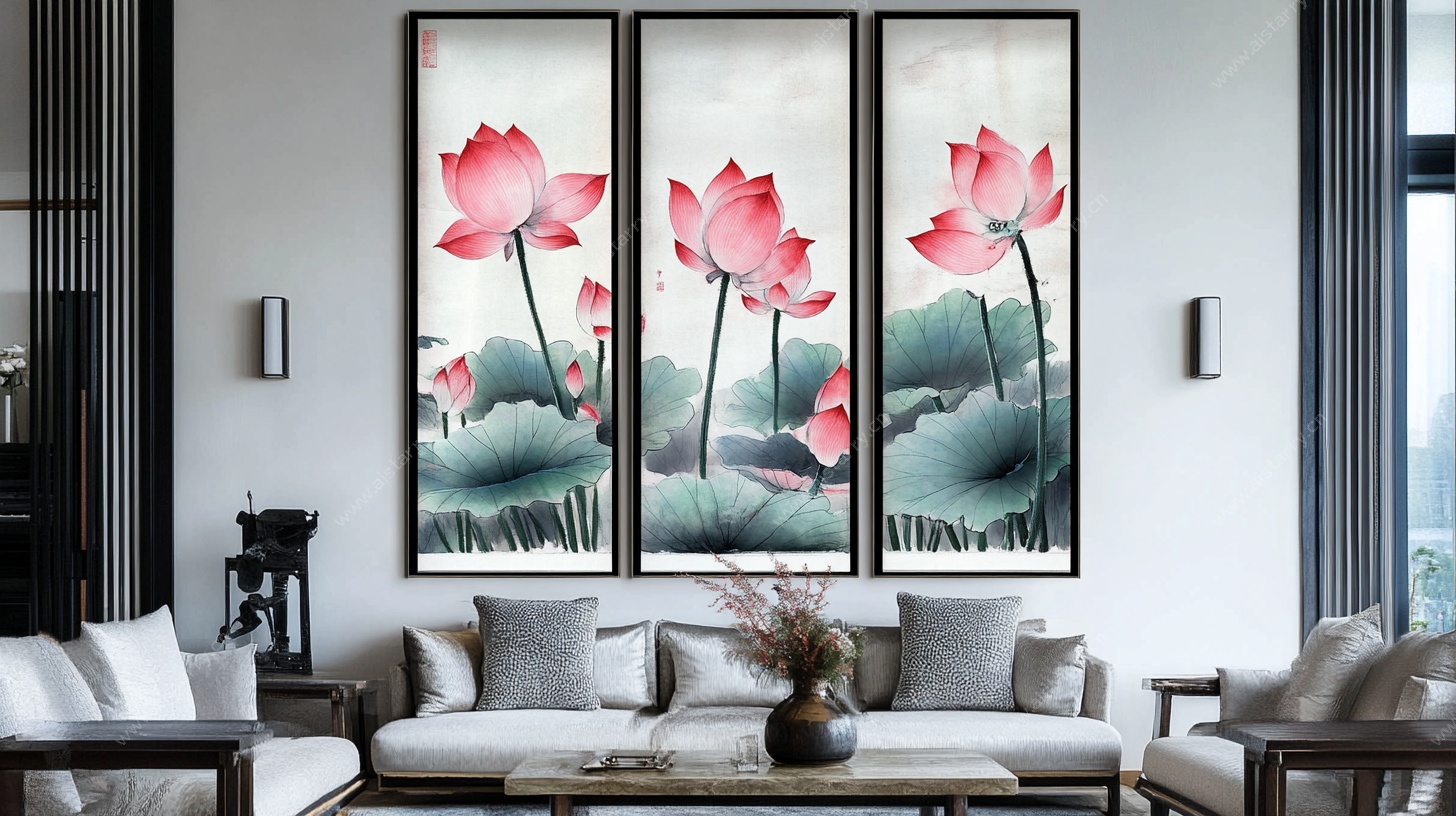 三联荷花图 中式客厅挂画