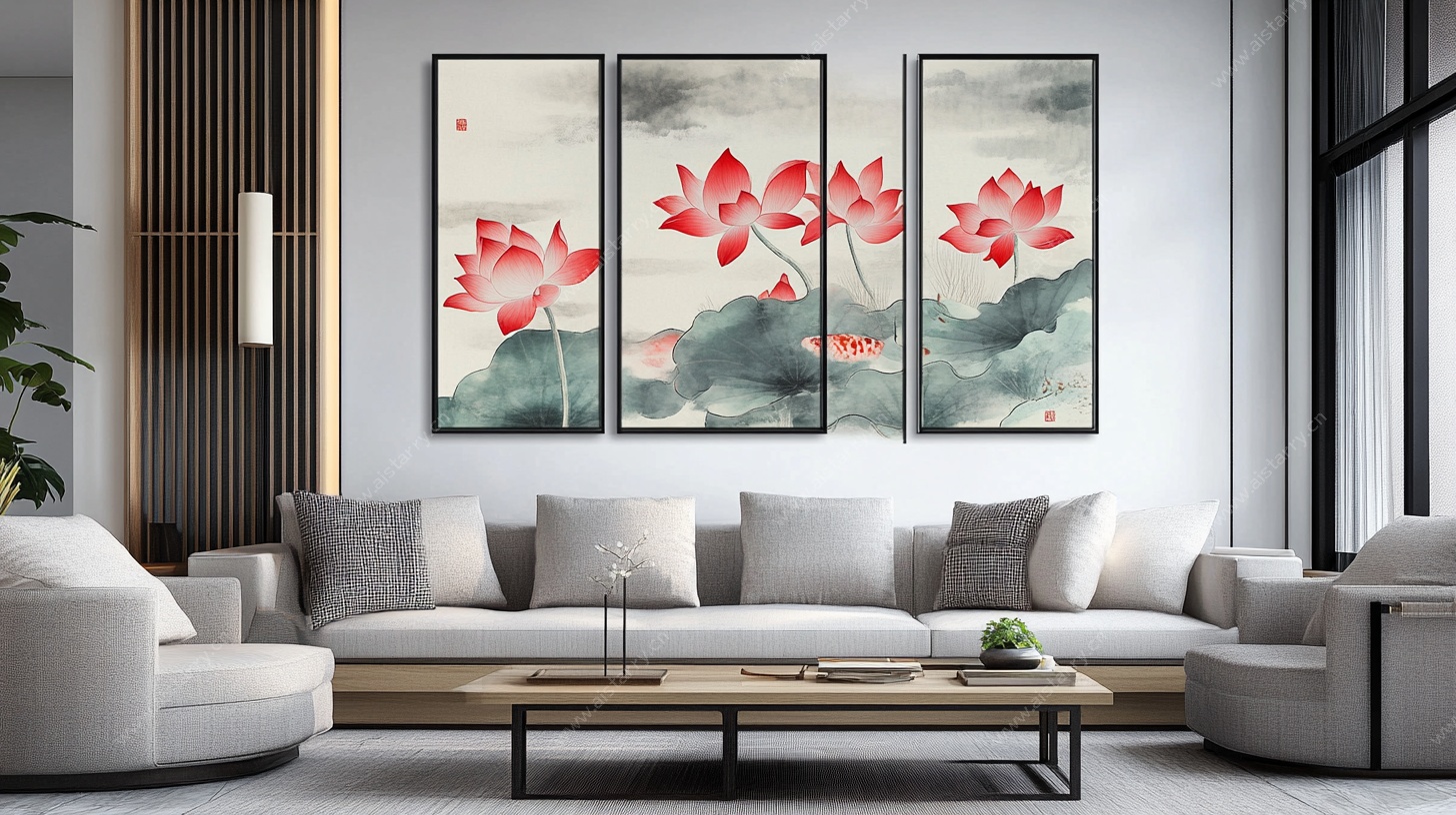 中式客厅三联荷花装饰画