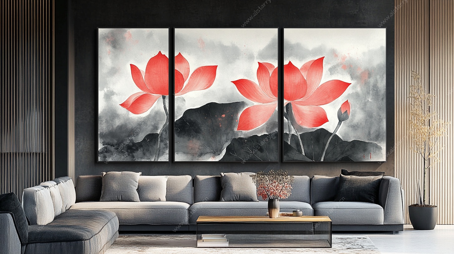 中式客厅三联荷花装饰画