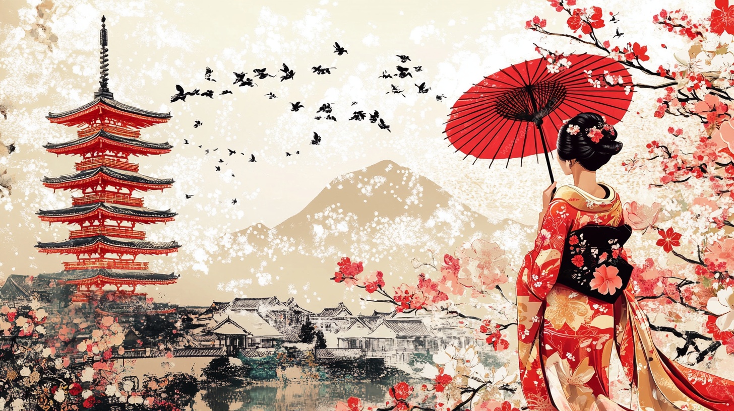 日式风情 艺伎与富士山美景