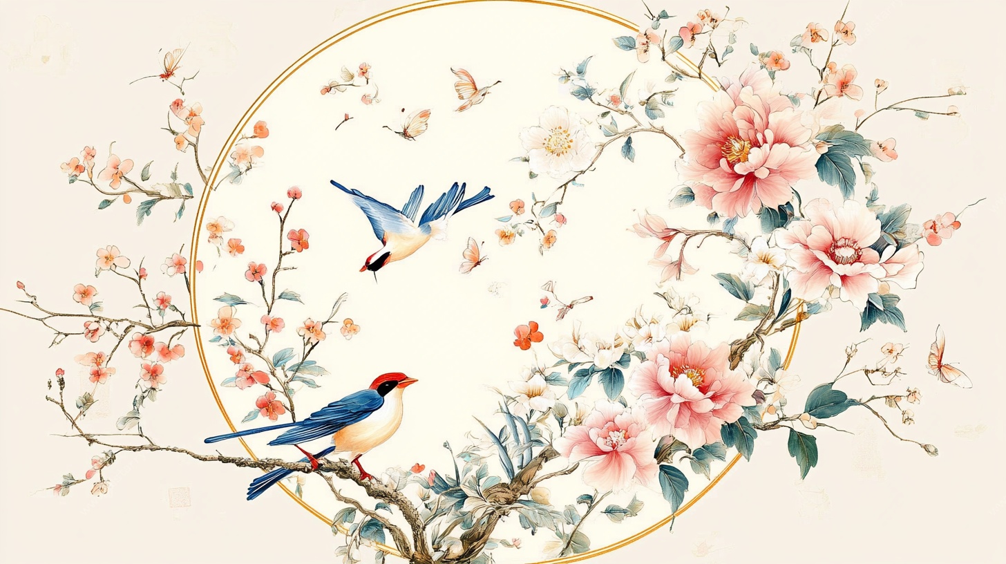 中式花鸟图 双雀栖花枝