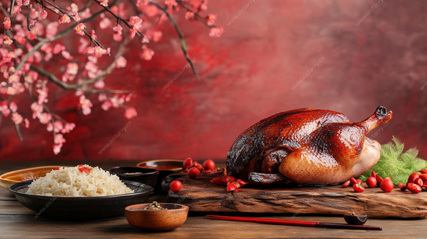 中式烤鸭配米饭精美摆盘