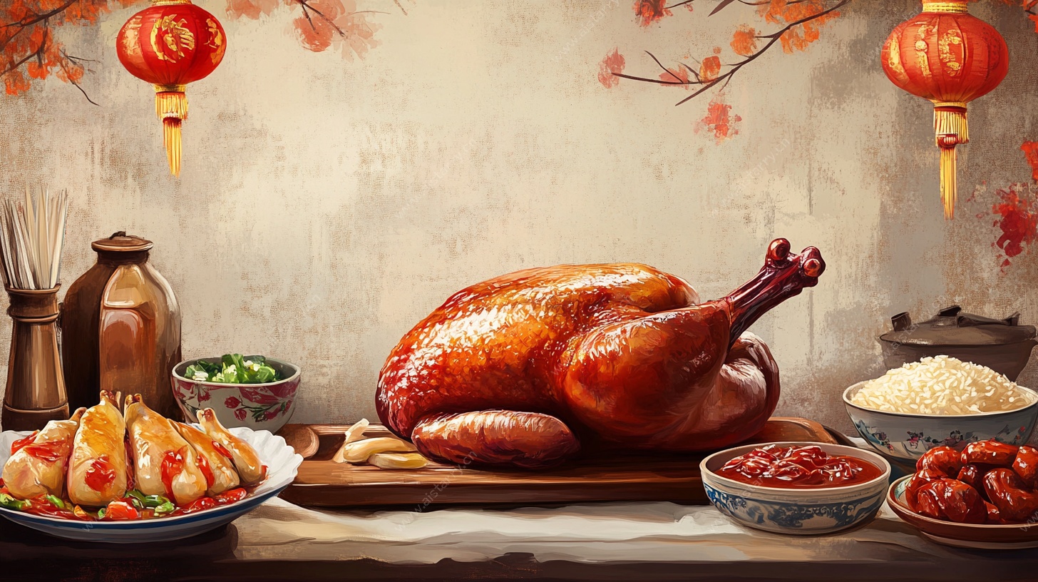 中式节庆丰盛烤鸡美食图